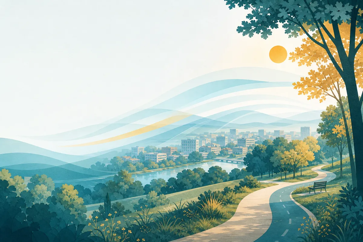 Ilustração editorial de uma cidade tranquila, parque e camadas atmosféricas em tons de azul e âmbar